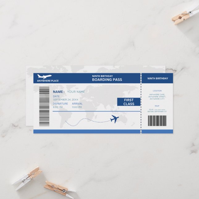 Convites Funny passport, boarding pass ticket 9th birthday (Frente/Verso In Situ)