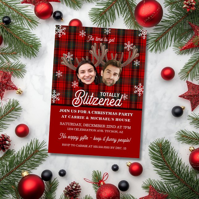 Convites Funny Photo Face Blitzened Christmas Party (Funny cocktail or office party invitation with two faces, antlers for totally blitzened invitation)