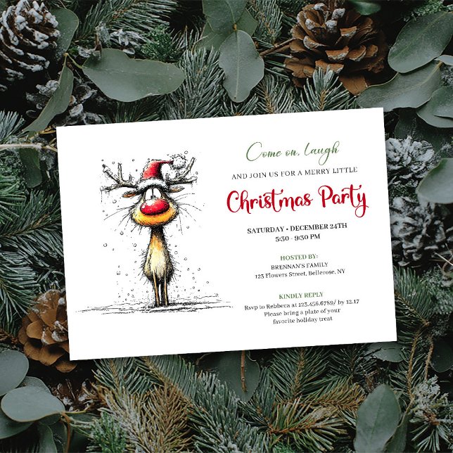 Convites Funny Reindeer Hand Drawn Holiday Party Card (Funny Reindeer Hand Drawn Holiday Party Card)