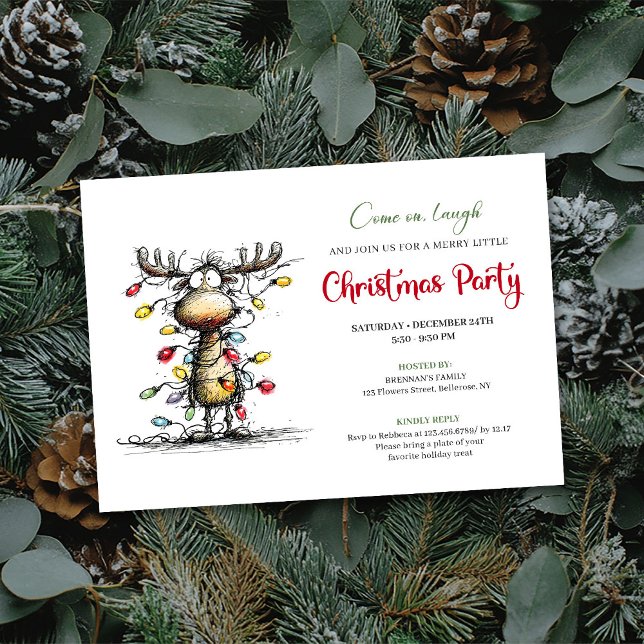 Convites Funny Reindeer Watercolor Christmas Party Card (Funny Reindeer Watercolor Christmas Party Card)