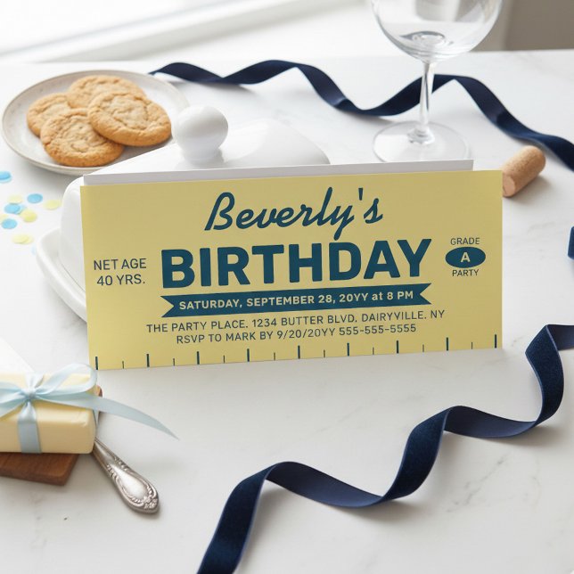 Convites Funny Retro Butter Stick Personalized Birthday  (Butterlicious Birthday invite! Yellow Stick of Butter Customized with all your event details)
