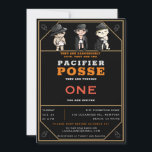 Convites Funny Triplets Pacifier Posse Wild West Birthday<br><div class="desc">Uma ilustração de três bebês, vestindo fraldas, pacificadores e roupas de tamanho maior e parecendo personagens Wild West, é a peça central desse primeiro convite de aniversário divertido e tão bonito para trigêmeos! Eles são o "Pé Pacificador" e são perigosamente fofos. UMA NOTA DO ARTISTA: tanto meu irmão quanto minha...</div>