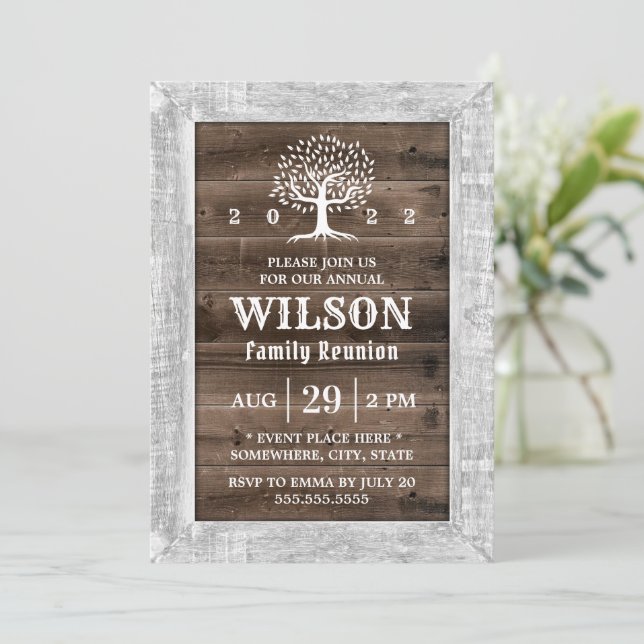 Convites Fusage Annual Family Reunion Vintage Wood Frame (Em pé/Frente)
