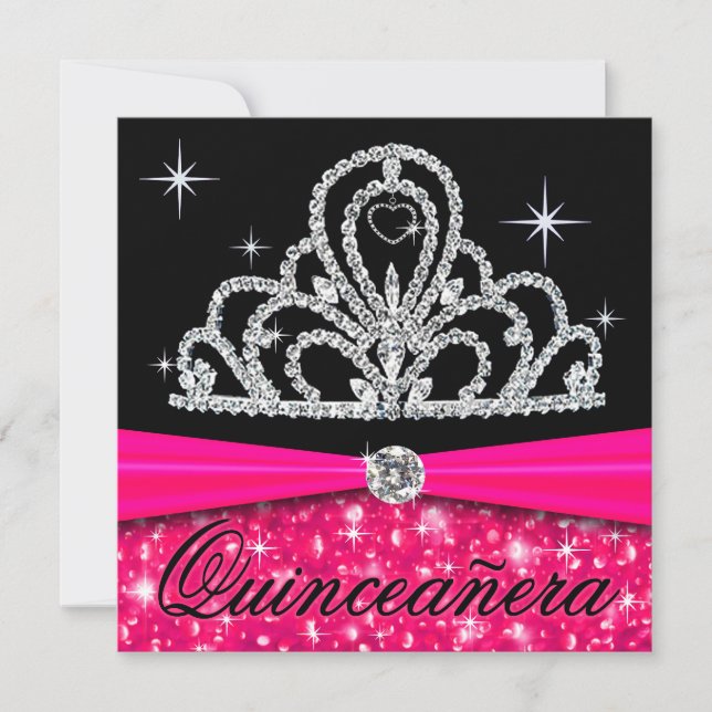 Convites Fuschia Black Quinceanera Princesa Tiara Bling (Frente)