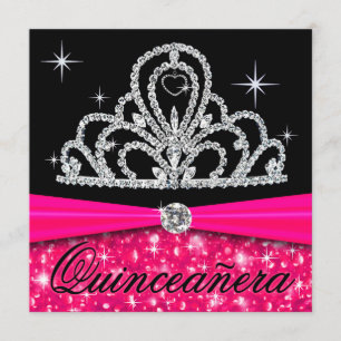 Convites Fuschia Black Quinceanera Princesa Tiara Bling