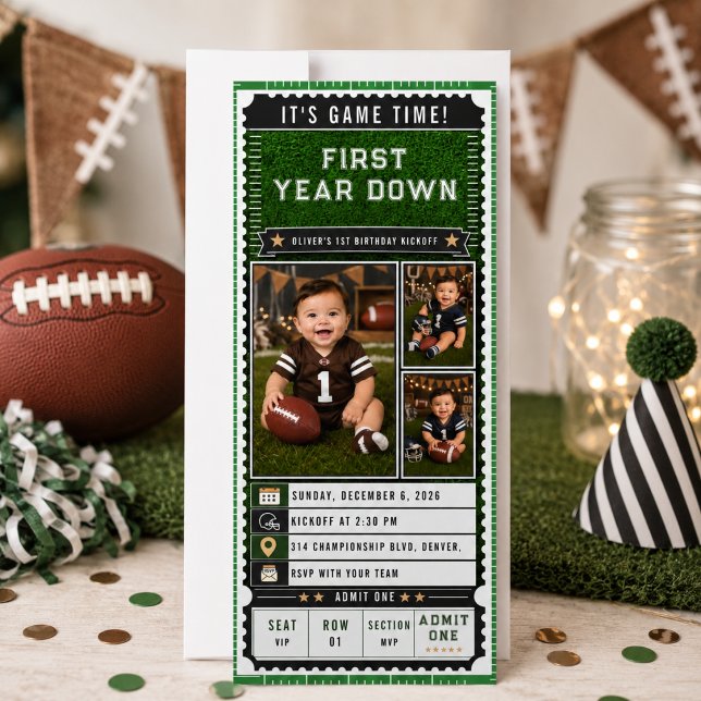 Convites Futebol Primeiro Ano Down 1º Bilhete de Aniversári (Football First Year Down 1st Birthday Ticket Photo Invitation)
