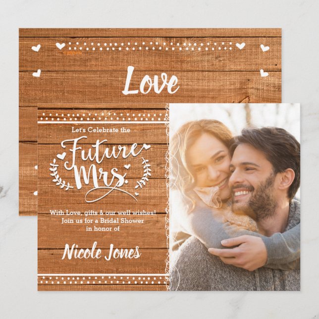 Convites FUTURA SRA. Foto do Chá de panela Rustic de Oak Wo (Frente/Verso)