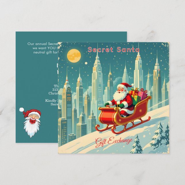Convites Futuristic City Santa Sleigh Gift Exchange Square (Frente/Verso)