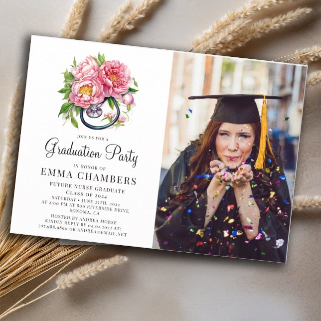 Convites Futuro Enfermeiro Stethoscope Graduação Floral (Criador carregado)
