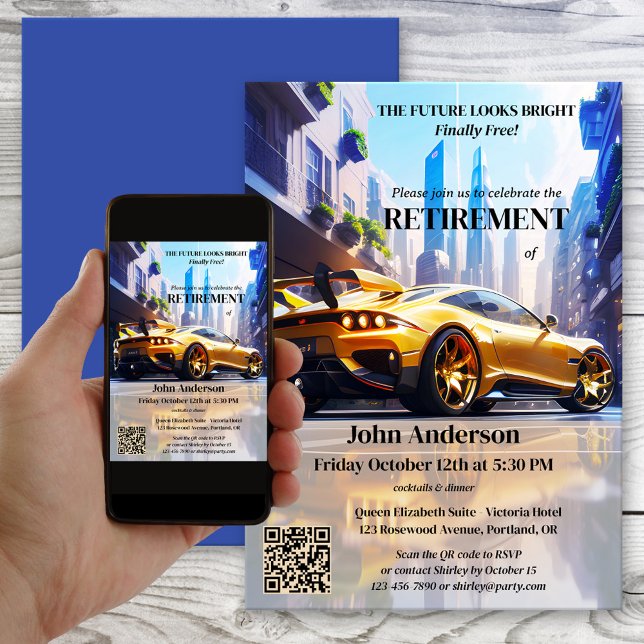 Convites Futuro Partido da Liberdade Automóvel (Futuristic retirement invitation featuring a painting of sports car in a modern town. With QR code)