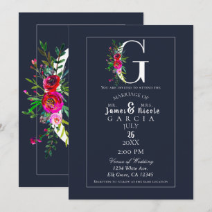 Convites G Monograma Última Inicial Moderno Azul Floral Cas