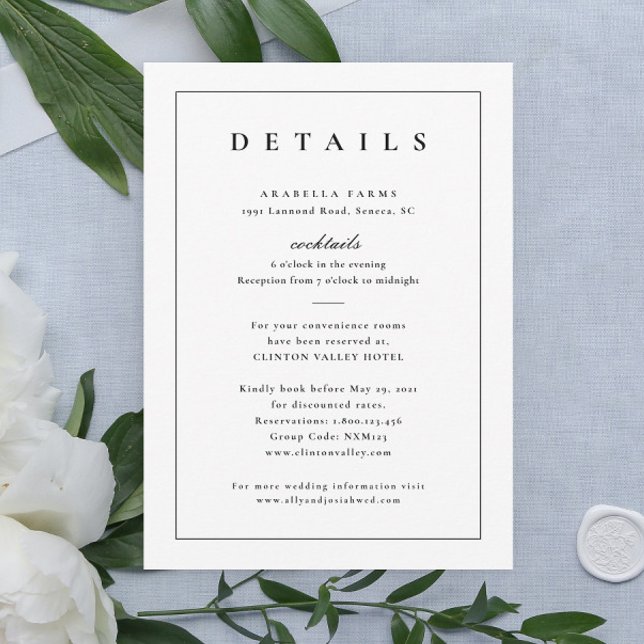 Convites Gabinete Clássico de Detalhes do Casamento Preto e (Elegant simple typography black and white wedding details enclosure cards.)