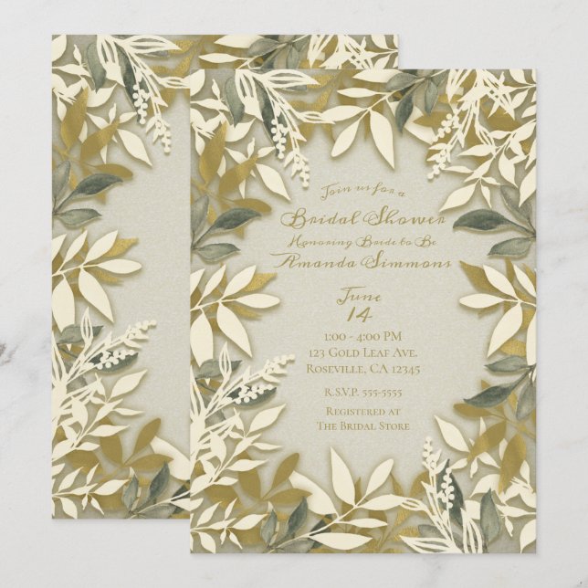 Convites Gado branco Dourado Folhas Botânicas Ecru Bridal (Frente/Verso)