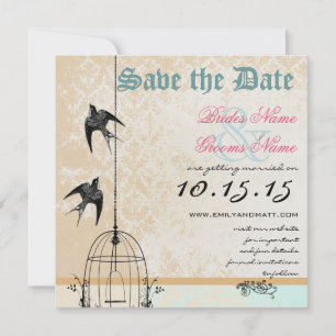 Convites Gaiola de Pássaros Coral Damask Casamento Save the