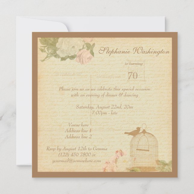 Convites Gaiola de Pássaros Vintage & Rosas Aniversário de  (Verso)