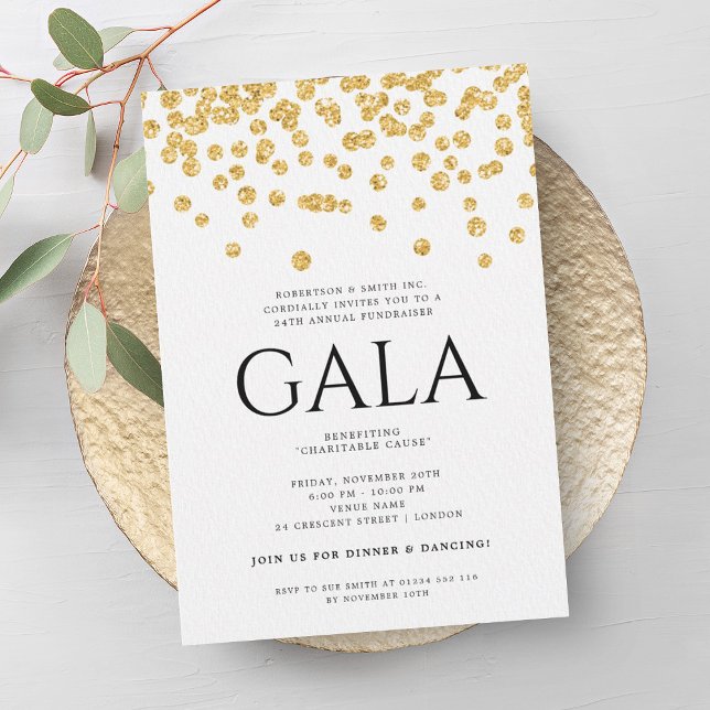 Convites Gala corporativa formal Ball Dourada Glitter Confe (Formal Corporate Gala Ball Gold Glitter Confetti Invitation)