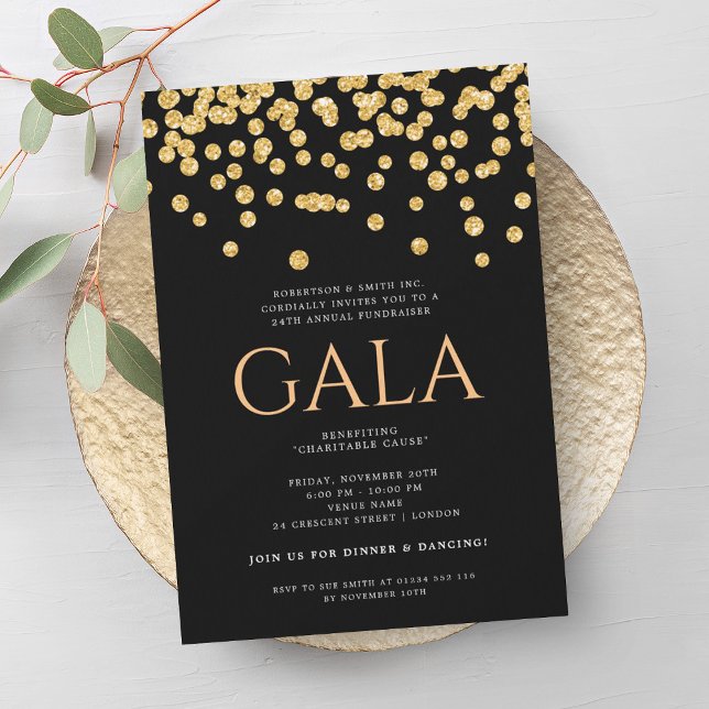Convites Gala corporativa formal Ball Dourada Glitter Confe (Formal Corporate Gala Ball Gold Glitter Confetti Invitation)