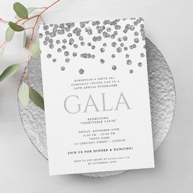 Convites Gala Corporativa Formal Silver Glitter Confetti (Formal Corporate Gala Ball Silver Glitter Confetti Invitation)