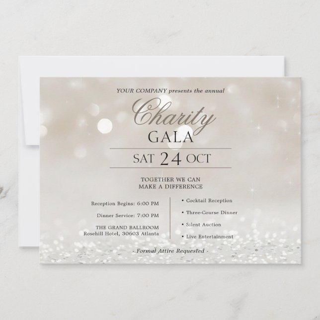 Convites Gala de Caridade da Elegant Ivory Silk Company (Frente)