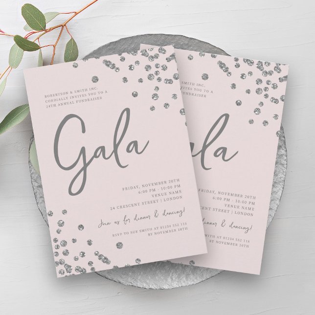 Convites Gala de Silver Confetti Blush, Formal, rosa (Formal Corporate Gala Silver Confetti Blush Pink Invitation)