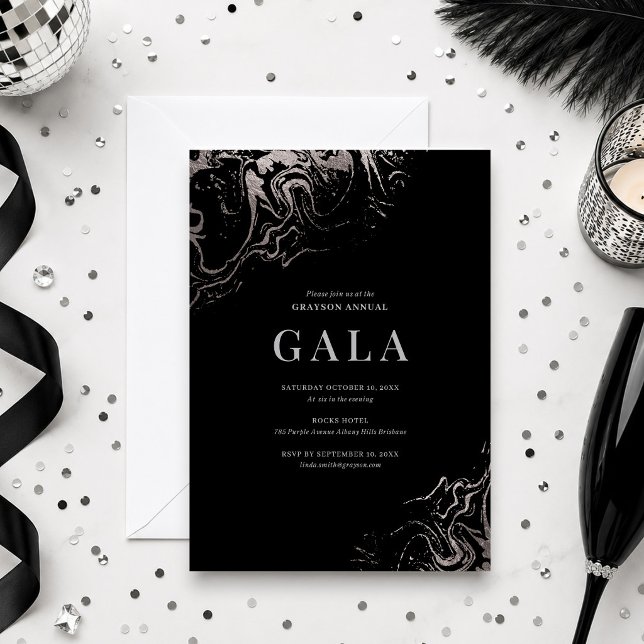 Convites Gala Elegante com Efeito de Mármore Prateado (Criador carregado)