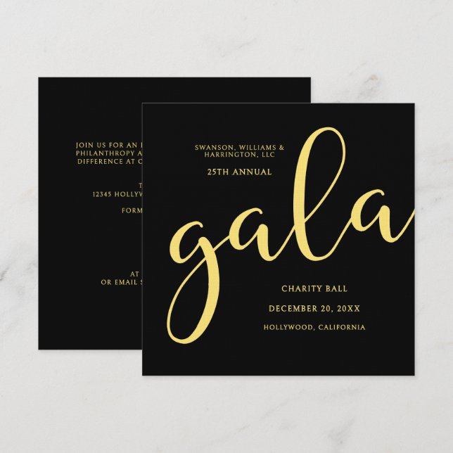Convites Gala Event Charity Fundraiser Elegant Black Gold (Frente/Verso)