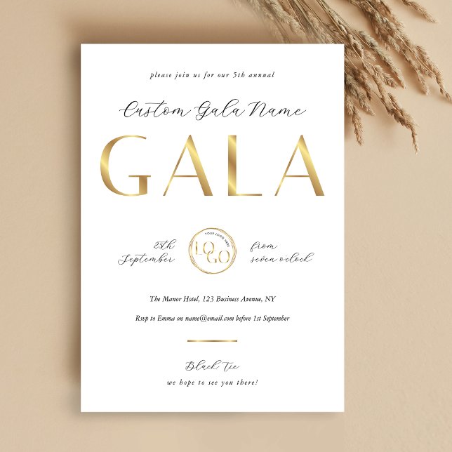 Convites Gala Night White & Gold Logo Business Fundraiser (Criador carregado)