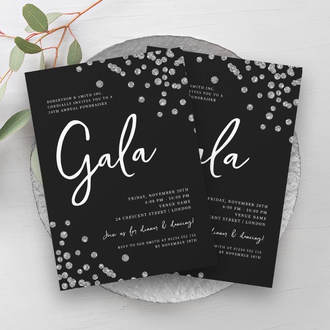 Convites Gala Silver Confetti Black Formal (Formal Corporate Gala Silver Confetti Black Invitation)