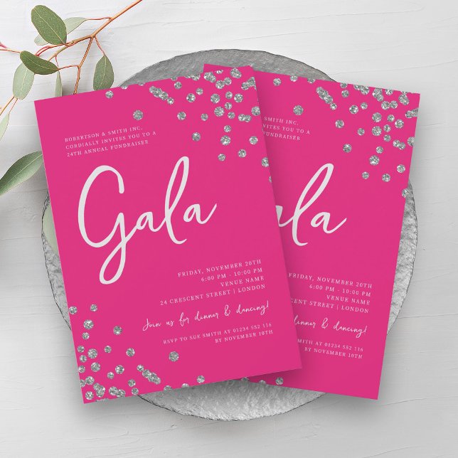 Convites Gala Silver Confetti, Formal, Rosa Quente (Formal Corporate Gala Silver Confetti Hot Pink Invitation)