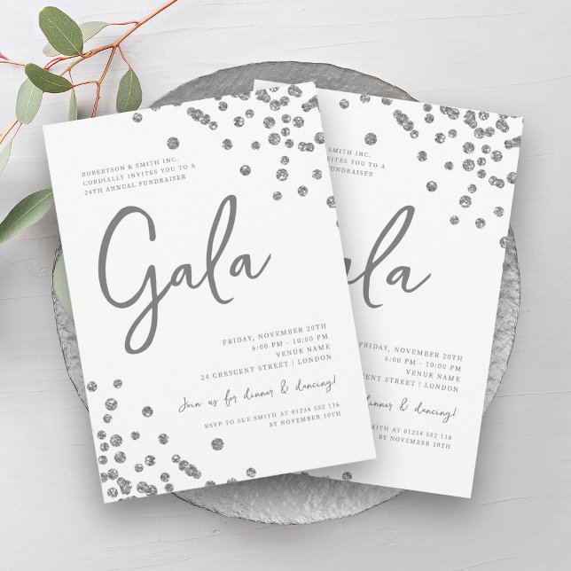 Convites Gala Silver Glitter Confetti Formal (Formal Corporate Gala Silver Glitter Confetti Invitation)