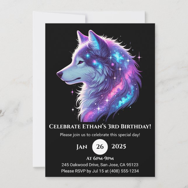 Convites Galactic Glow Wolf Birthday Invitation (Frente)