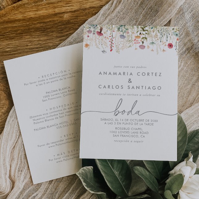 Convites Galant Wildflower Spanish Front & Back Wedding (Criador carregado)