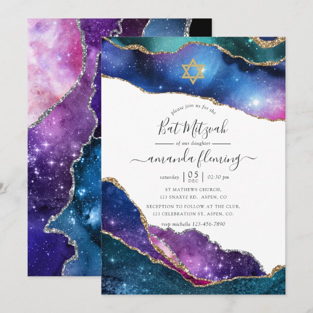 Convites Galáxia Ágata Bat Mitzvah (Frente/Verso)