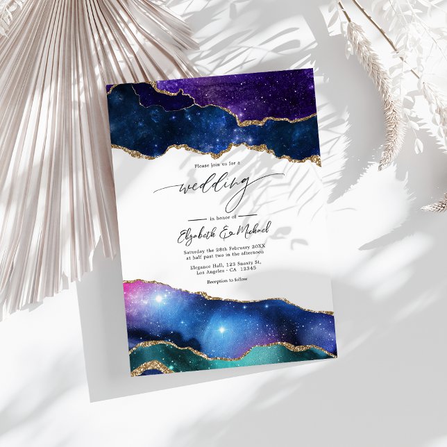 Convites Galáxia Ágata Brilho Falso Luxo Celestial Casament (Galaxy Agate Faux Glitter Celestial Luxury Wedding Invitation)