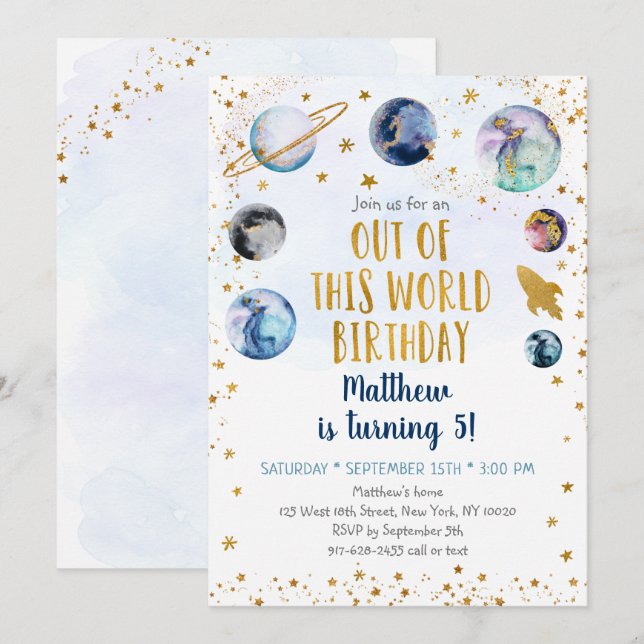 Convites Galáxia Azul Dourada Neste Aniversário Do Mundo (Frente/Verso)