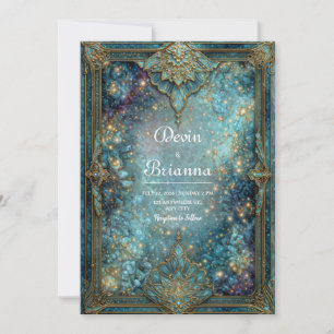 Convites Galáxia Azul-turquesa Ornamentada com Flores Doura