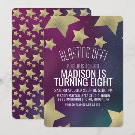 Convites Galáxia e Estrelas Douradas Aniversário Espacial Q