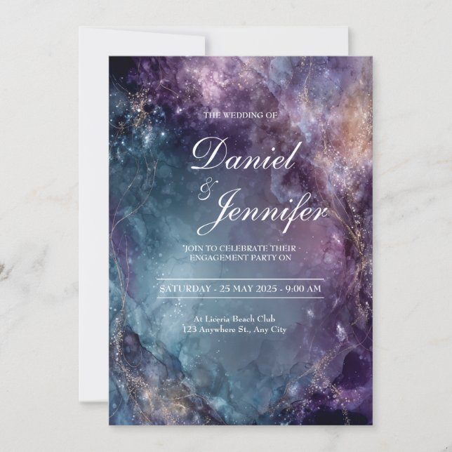 Convites Galáxia Mística Aquarela Casamento Celestial (Frente)