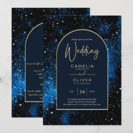 Convites Galáxia Noite Estrelada Azul Naval Dourado Casamen