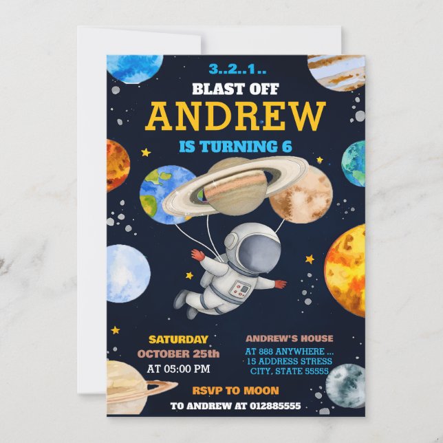 Convites Galáxia Pessoal Explodir Astronauta Fora de Aniver (Frente)