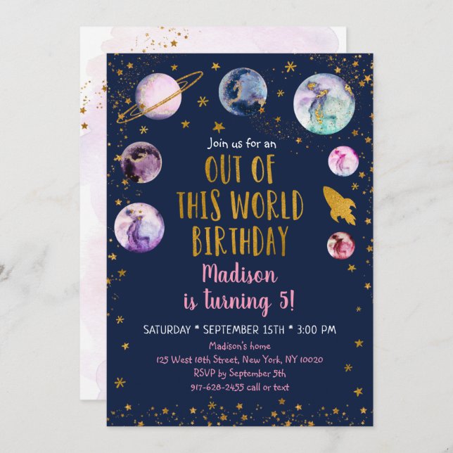 Convites Galáxia Rosa Dourada Deste Aniversário Do Mundo (Frente/Verso)