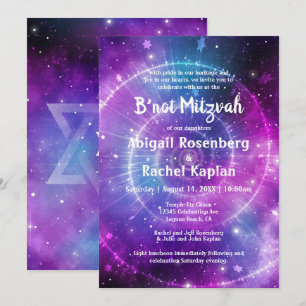Convites Galáxia Rosa Púrpura Elegante B não Mitzvah