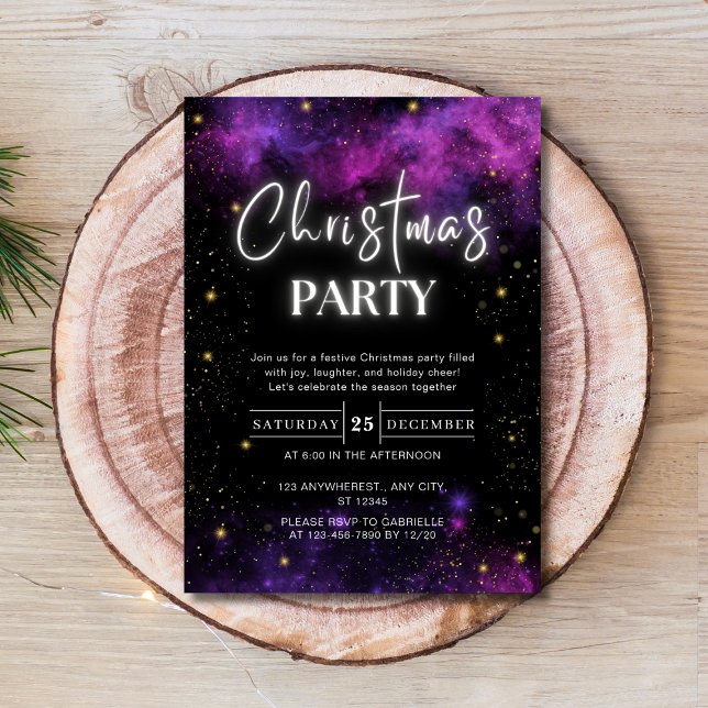Convites Galáxia Starry Space Neon Black Christmas Party (Galaxy Starry Space Neon Black Christmas Party Invitation )