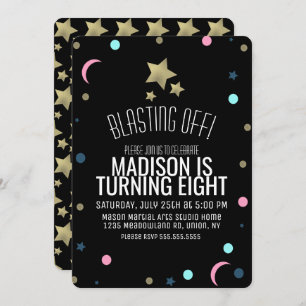 Convites Galáxias Faux Douradas Estrelas Confetti Space Ani