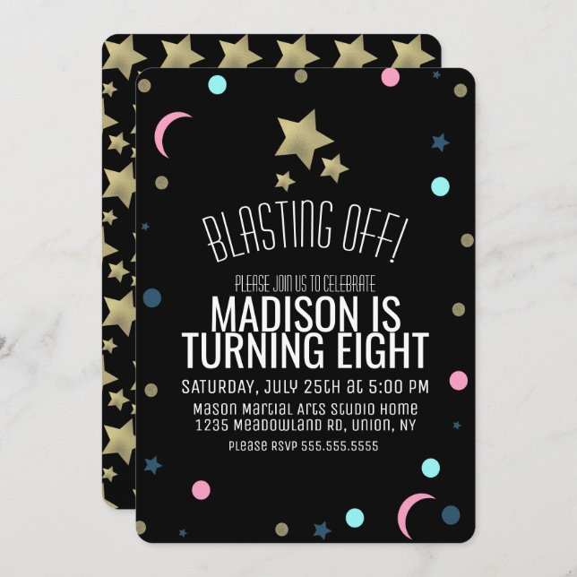 Convites Galáxias Faux Douradas Estrelas Confetti Space Ani (Frente/Verso)