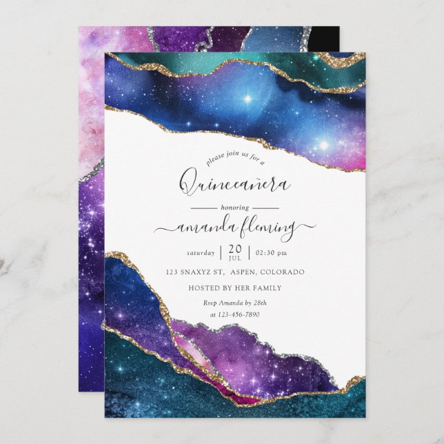 Convites Galaxy Agate Quinceañera (Frente/Verso)