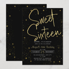 Convites Galaxy Black Dourado Sweet 16ª Festa de aniversári