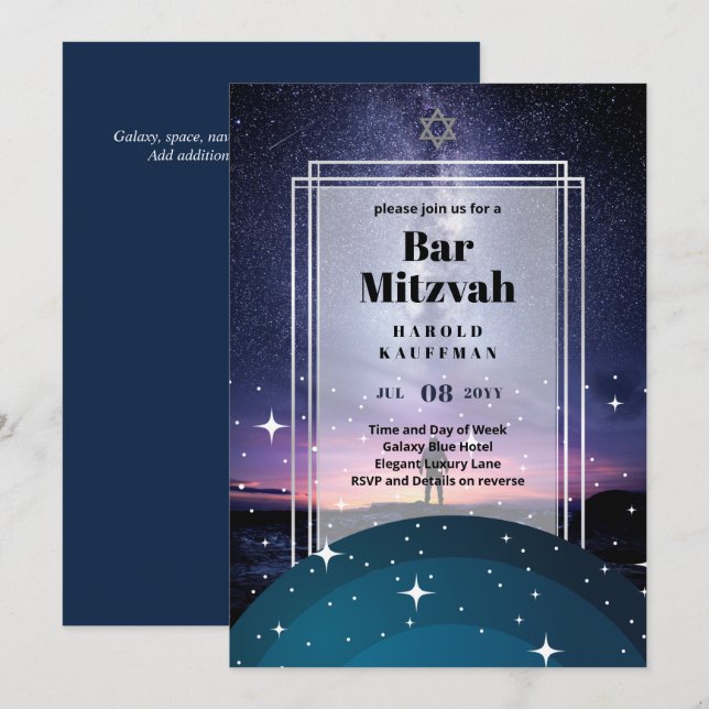 Convites GALAXY Boys BAR MITVAH Astronauta Espacial (Frente/Verso)