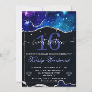 Convites Galaxy & Faux Silver Glitter Agate Sweet 16