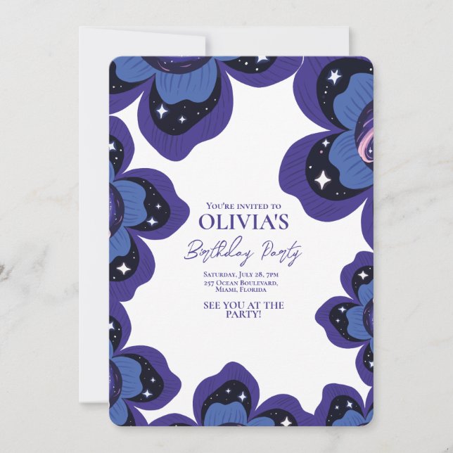 Convites Galaxy Floral Purple Birthday (Frente)